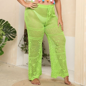 Bright green crochet hollow-out beach pants with high waist drawstring and geometric mesh