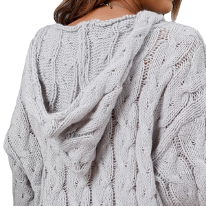 Back view of light grey cable knit v-neck hoodie sweater with thick texture