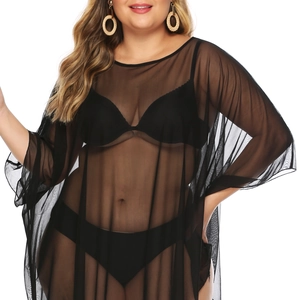 Close-up of black mesh fabric detail and loose half sleeves on a sheer beach cover-up dress