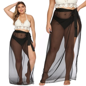 Women Plus Size See Through Mesh Beach Sarong Wrap Tie Side High Slit Skirt Bikini Cover Up Swimsuit Skirt Swimwear Skirt