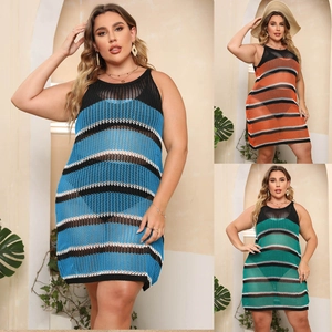 Grande Taille Femmes Crochet Rayé Cache-maillot de Plage Robe Courte en Tricot Ajouré Sans Manches pour Vacances d'Été Maillot