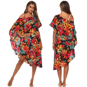 Sortie de Plage Femme Imprimé Floral Tropical Épaule Dénudée Ourlet Asymétrique Robe Kaftan Ample Manche Chauve-Souris Bohème Maillot