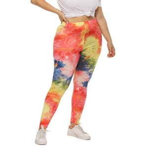 Detail shot of colorful tie-dye print leggings in stretch fabric with elastic waist