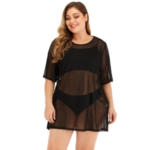 Detail of plus size black mesh cover-up dress showing breathable texture and sheer design