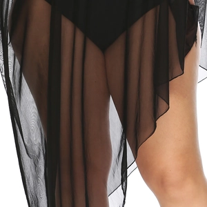 Detail of sheer black mesh beach cover-up skirt with irregular hem and translucent texture