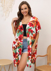 Women's floral print beach cardigan cover up with bohemian style kimono sleeves