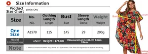 Tableau des tailles détaillé pour cache-maillot floral avec mesures de longueur et de buste