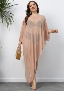Detail of sheer crochet beach cover-up dress with irregular hem and batwing sleeves