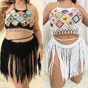 Donna Uncinetto Halter Parte Superiore e Inferiore Nappa Gonna da Spiaggia Bohemian Sexy Trasparente Patchwork Beachwear