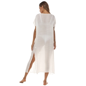 Back view of a white semi-transparent beach cover-up with high side slits in soft fabric