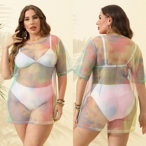 Plus Size Women Tie Dye Mesh Bikini Cover Up Dress Sexy See Through Short Sleeve Beachwear Round Neck Summer Vacation Top