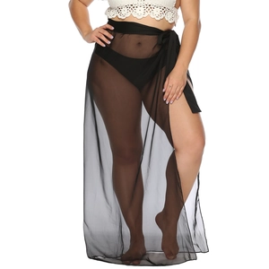 Women's black sheer mesh beach wrap skirt with a side tie design for a flowing summer look