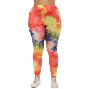 Detail showing high-waisted elastic band on vibrant colorful tie-dye fitness leggings