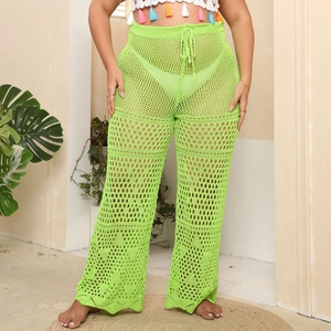 Women's plus size neon green crochet beach pants with hollow out knit see-through design