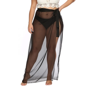 Women's plus size sheer mesh beach cover-up skirt with side tie waist in black
