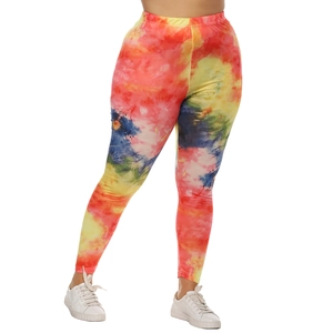 Close-up of vibrant multi-color tie-dye leggings with high-elastic slim fit fabric