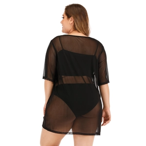 Plus size black sheer mesh bikini cover up dress featuring a short sleeve round neck design