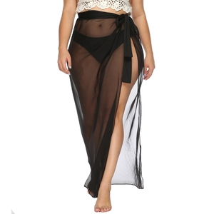 Sexy black sheer mesh beach sarong wrap with side tie and high slit for women