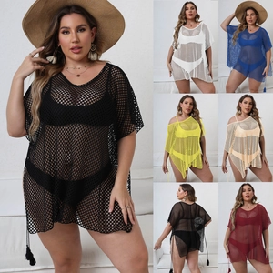 Copricostume da Donna Taglie Forti in Maglia Traforata Abito Largo a Mezza Manica con Nappine Bikini Smock per Vacanze