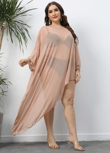 Sexy mesh beach cover up dress in nude pink with asymmetric hem and batwing sleeves