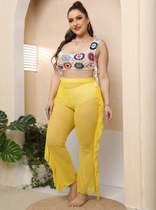 Chiffon wide-leg beach pants with ruffle trim and colorful crochet floral crop top
