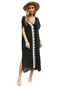 Sexy deep V-neck black beach dress with white crochet lace trim and side slits