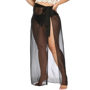 Sheer black mesh beach cover-up wrap skirt with side slit and waist tie for women