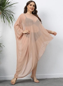 Close-up of lightweight mesh beach cover-up with batwing sleeves and round neckline