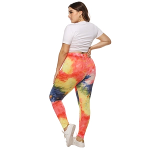 Women's plus size high waisted leggings featuring colorful tie dye print and slim fit style