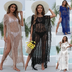 Robe Cache-Maillot de Plage Sexy en Maille Ajourée pour Femme avec Glands Bikini Irrégulier pour Vacances d'Été au Bord de la Piscine