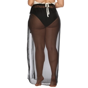 Back view of a long sheer black mesh beach skirt with tie waist and flowy texture