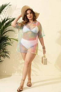 Detail of colorful tie-dye mesh see-through cover-up shirt for beach resort wear