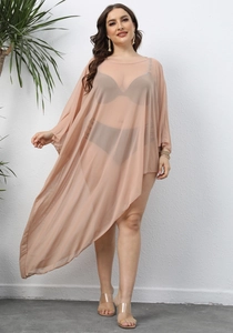 Detail of nude sheer mesh beach cover-up with long sleeves and asymmetric hemline