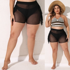 Women Plus Size Sexy Mesh Sheer Beach Shorts Ruffle Hem High Waist Swimsuit Cover Up Black See Through Summer Vacation Bottoms