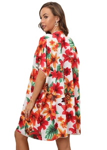 Women's floral print beach cardigan with red lilies and tropical leaves in a loose fit
