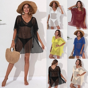 Women Sexy Mesh See Through Beach Cover Up Crochet V Neck Loose Tassel Bikini Dress Vacation Hollow Out Swimsuit Coverup