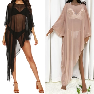 Women's mesh beach cover-up featuring asymmetrical hem and sheer 3/4 sleeves
