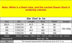 Detailed size chart in centimeters for plus size crochet crop top, from 0XL to 3XL sizes