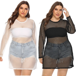 Cache-Maillot de Plage Sexy en Maille pour Femmes Grande Taille Col Rond Manches Longues Ajouré Transparent Tenue de Plage