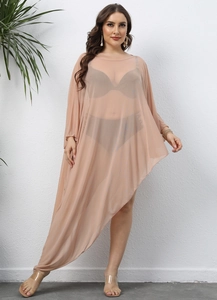 Sheer mesh beach cover-up dress in peach with long sleeves and asymmetric hemline