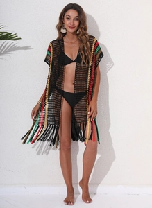 Close-up of crochet mesh beach cover-up featuring colorful stripes and long fringe trim