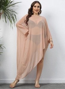 Sheer skin-toned crochet mesh beach dress with batwing sleeves and asymmetrical hem