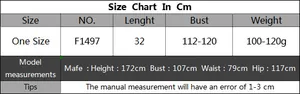 Size chart detail for crochet tassel bikini top showing bust measurements and model data