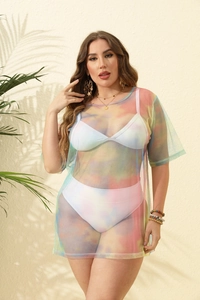 Plus size tie-dye sheer mesh cover-up dress with white bikini set for beach vacation
