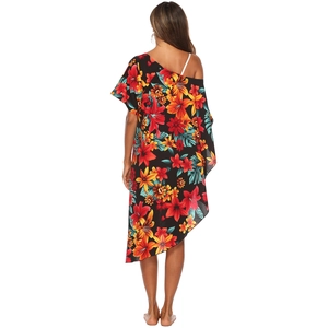 Détail du dos d'une robe fleurie tropicale à épaules dénudées avec ourlet asymétrique