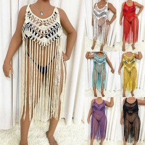 Women Crochet Beach Cover Up Tassel Hollow Out Sleeveless Bohemian Swimsuit Coverup Dress For Vacation Summer Pool Party