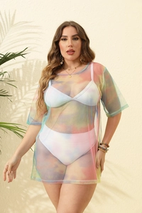 Detail of colorful tie-dye mesh cover-up dress with vibrant macaron gradient tones