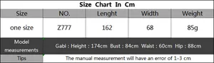 Size chart showing 162cm length and 68cm width for the beach shawl with model info