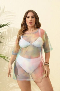 Plus size three-piece tie-dye mesh beach cover-up and high waist bikini set for women