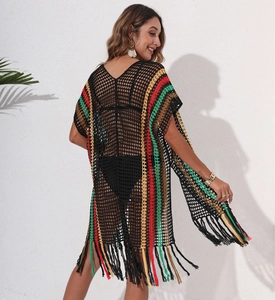 Detail view of colorful crochet vertical stripes and fringe hem on the back of beach cover-up